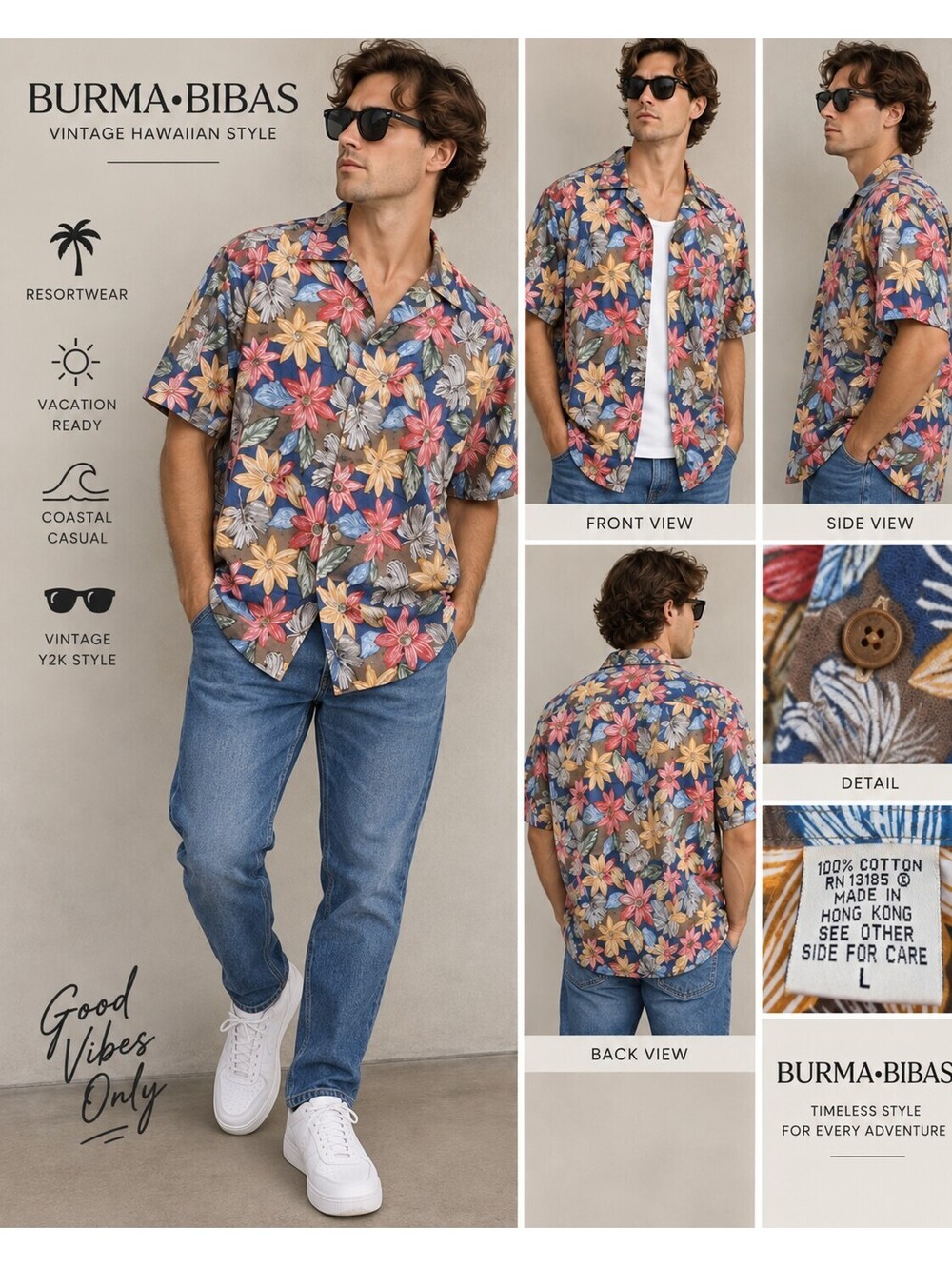 Burma Bibas Men’s Large Floral Hawaiian Shirt Cotton Lawn Vintage Resortwear Y2K
